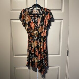 Black floral faux wrap dress